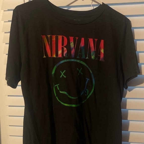 Women's Nirvana Licensed Dark Grey Heather Short Sleeve T-Shirt Tie Dye Logo XL - Picture 1 of 4